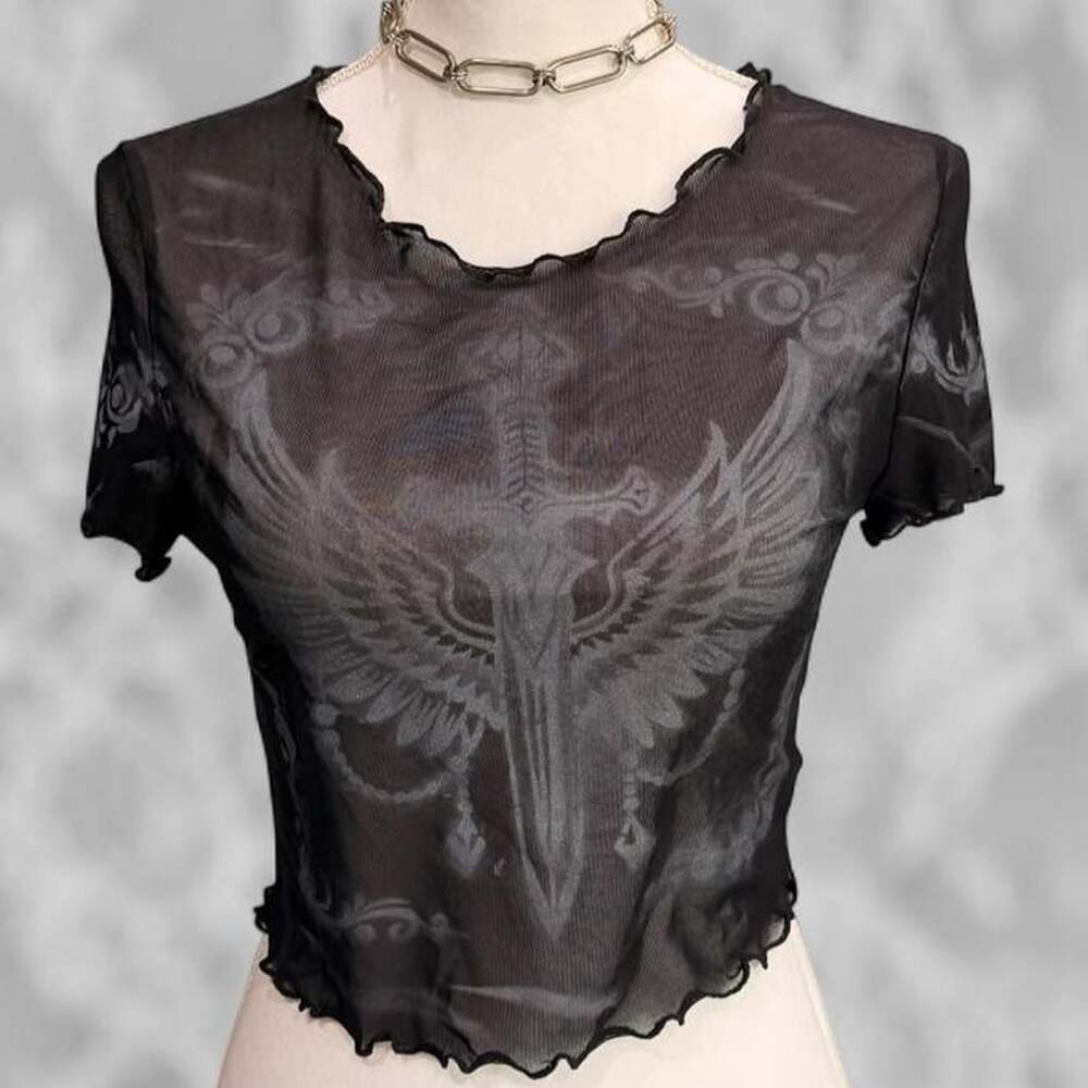 Reworked Mesh Top M Black Winged Sword Goth